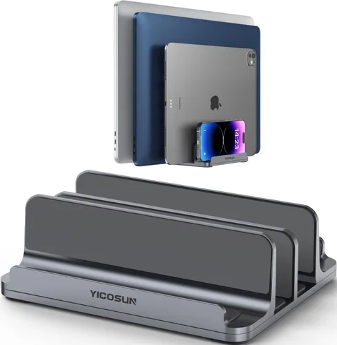 Miniatura 11 de YICOSUN Soporte vertical de aluminio para laptop para escritorio, base de ancho ajustable para MacBook, Surface, Samsung, HP, Dell de hasta 17.3 Gris
