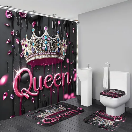 Miniatura 11 de AZHM Juego de cortina de ducha con estampado de corona dorada, accesorios de baño de lujo negros con cortina de ducha y alfombras