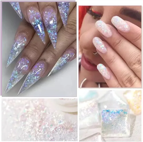 Miniatura 4 de 4 cajas de uñas en polvo holográfico con purpurina en polvo de ópalo cromado, escamas irregulares brillantes de sirena, lentejuelas rosa y morado