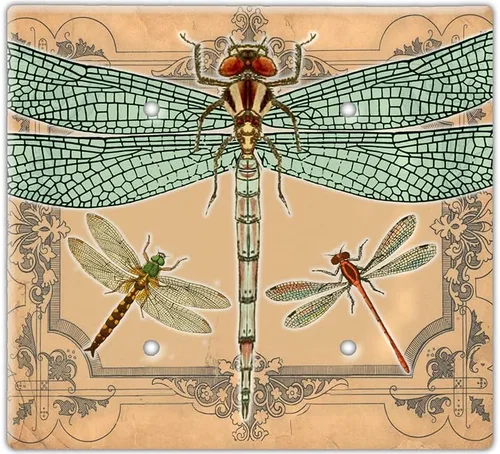 Decorative Wall Switch Cover Plate - Vintage Dragonfly Wall Decor Switch Plate - Beautiful Illustration With Blacks, Greens, and Lots of Browns