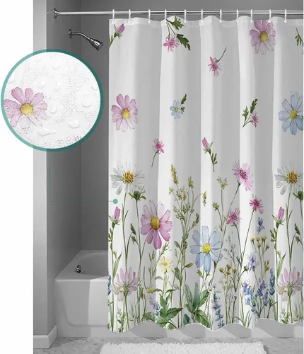 Miniatura 3 de YOKOU Cortina de ducha, flores silvestres con estampado floral de acuarela de primavera, plantas repelentes al agua, tela de poliéster, cortinas
