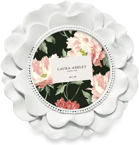 Laura Ashley Marco de fotos redondo de resina blanca de 4 x 4 con borde de cuentas, para mesa y pared, decoración floral del hogar (blanco)