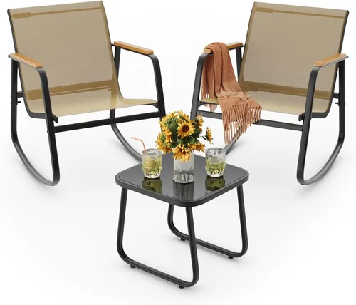 Miniatura 12 de Ahomly - Juego de 3 piezas de muebles de patio, juego de muebles de exterior de Textilene con reposabrazos de madera, mesa de café con superficie