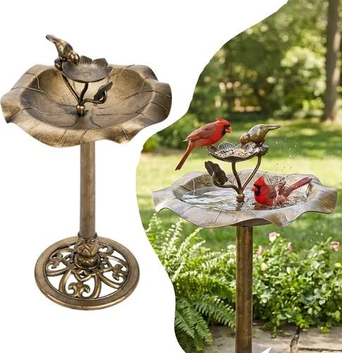VINGLI Baño para pájaros con pedestal, de resina, resistente a la intemperie, baños para pájaros con detalles florales y acabado vintage, decoración