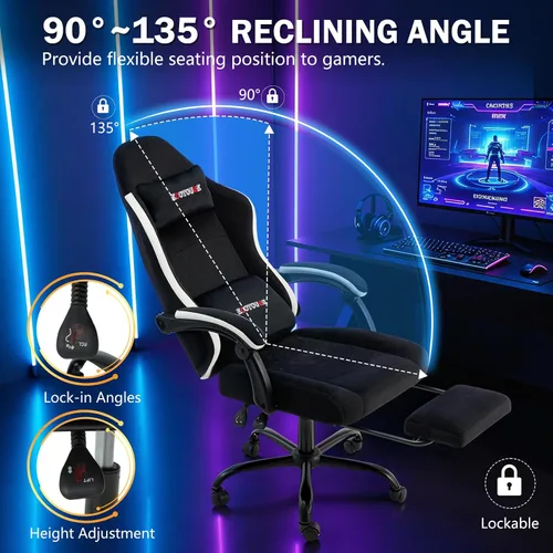 Miniatura 5 de ECOTOUGE Silla de tela para videojuegos, silla de videojuegos con reposapiés y soporte lumbar, altura ajustable, silla de oficina para el hogar