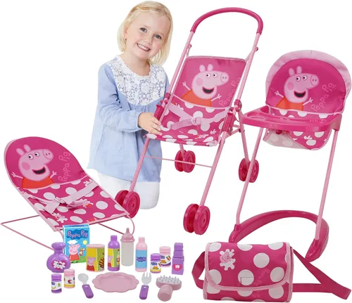 Miniatura 4 de Peppa Pig: Juego de 19 piezas para muñecas Sleep N' Play, color rosa y blanco, para viajes, alimentación, incluye medio cochecito plegable, gorila