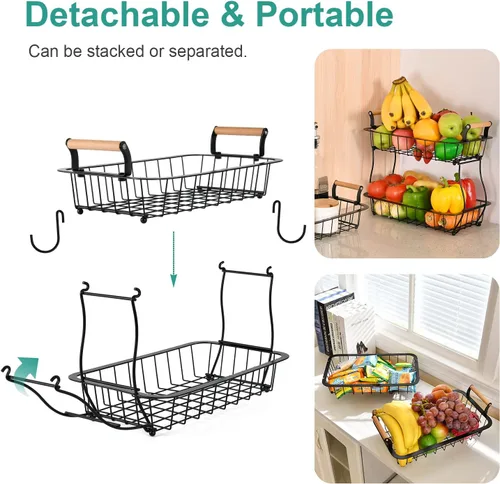 Miniatura 3 de ANTOPY Canasta de frutas de 2 niveles con 2 colgadores para plátanos, Cesta de frutas y verduras para encimera de cocina, Tazón de metal con alambre