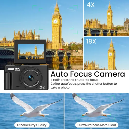 Miniatura 3 de Cámara digital 5K para fotografía, enfoque automático 75MP WiFi Vlogging cámara para YouTube con pantalla abatible de 180° de 3 pulgadas, cámara