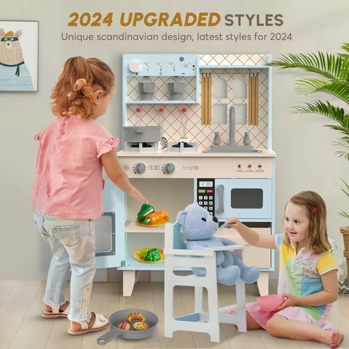 Miniatura 4 de BIERUM Cocina de Juguevo con Luces y Sonidos Realistas, Juego de Cocina de Madera para Niños, Juego de Simulación de Chef para Niños Pequeños, Azul