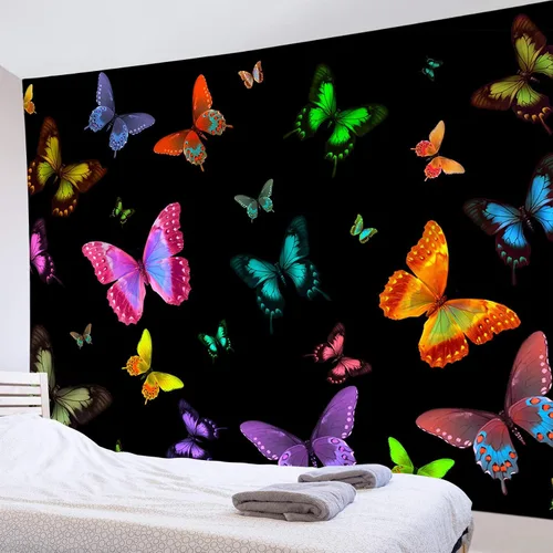 Miniatura 10 de LB Tapiz de mariposa Trippy para colgar en la pared, manta de tapiz estético psicodélico negro, decoración de pared de insectos de polilla colorida