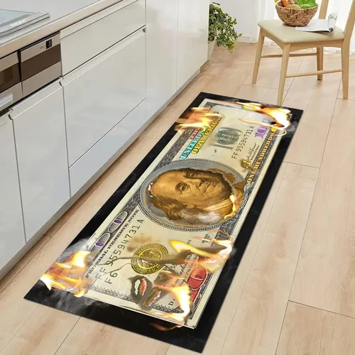 Miniatura 22 de JUST BREATHE Divertida alfombra con dinero de pato rojo de dibujos animados, billete de un dólar, alfombra de corredor negra dorada para hombres