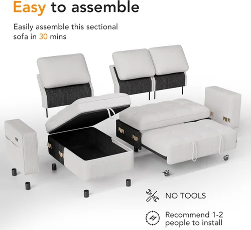 Miniatura 4 de Vipbear Sofá Seccional Cama de 81" con Cama Extraíble, Sofá Cama en Forma de L, Sofá Extraíble con Respaldo Reclinable, Chaise de Almacenamiento