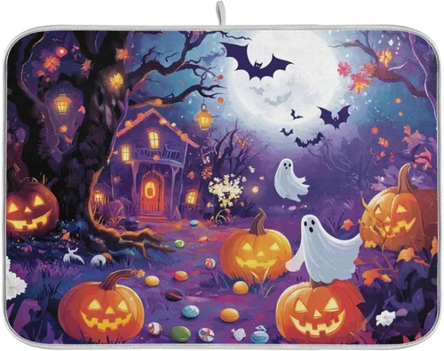 Miniatura 10 de Tapete de secado de platos de 16 x 18 pulgadas para encimera de cocina, hojas de arce y hojas de arce, tapete de microfibra reversible para secar