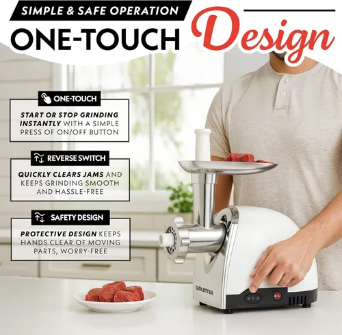 Miniatura 5 de Gourmia, picadora de carne, discos trituradores y accesorios extras incluidos. Incluye el tubo para salchichas y un libro electrónico de recetas