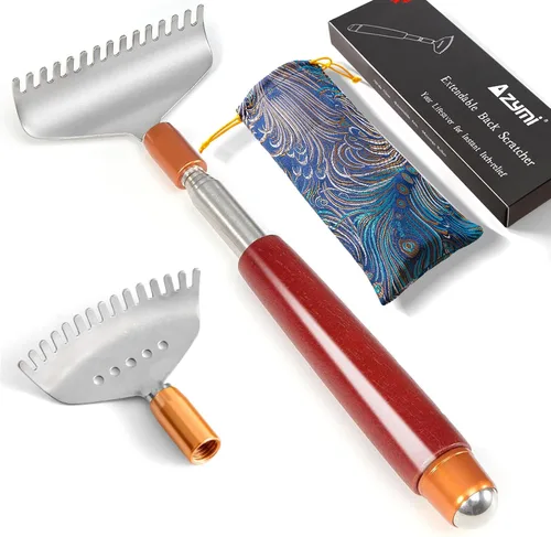 Miniatura 9 de Rascador de espalda, rascador de espalda de metal, mango telescópico de madera con bola de rodillo de acero, garra ancha, herramienta de masajeador