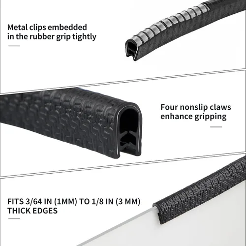 Miniatura 3 de Protector de borde de goma de 10 pies/3 m, protector de borde de puerta sin adhesivo, tira de sello de borde en forma de U con clips de metal