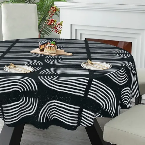 Miniatura 5 de Black and White Round Tablecloth Geometric Printing Table Cloth Decor Washable Table Cover with Wrinkle Resistant for Home Kitchen Dining Room
