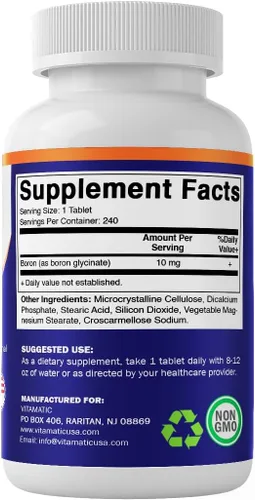 Miniatura 8 de Vitamatic Boro quelado (como glicinato) 10 mg 240 tabletas - Apoya el equilibrio hormonal, la salud ósea y el tejido conectivo