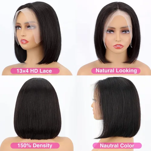 Miniatura 2 de Hoacon Peluca Bob de pelo humano 13x4 con encaje frontal para mujeres negras, peluca HD con encaje frontal de pelo humano, sin pegamento, Negro