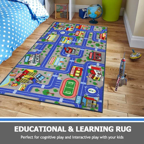 Miniatura 6 de Capslpad Alfombra Azul de Coche y Carretera para Niños, Alfombra de Juego para Sala de Juegos, Alfombra Antideslizante Lavable con Mapa de la Ciudad