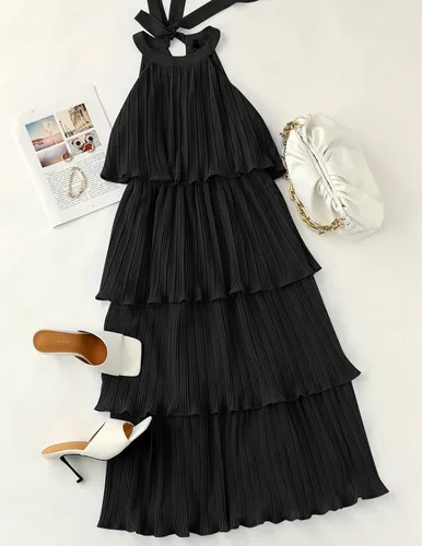 Miniatura 6 de Zesica Vestido de verano sin mangas, con cuello halter y volantes escalonados, de gasa, con vuelo, largo por debajo de la rodilla