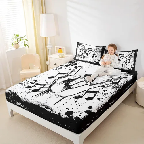 Erosebridal Juego de sábanas de tamaño individual con temática musical, con estampado de notas musicales, juego de cama ajustable en blanco y negro,