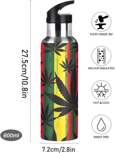 Miniatura 9 de BPA-Free Sports Water Bottle with Straw 20 Oz, Stainless Steel Water Bottle for Gym Outdoor Travel School, Black Leaves Colorful Stripes