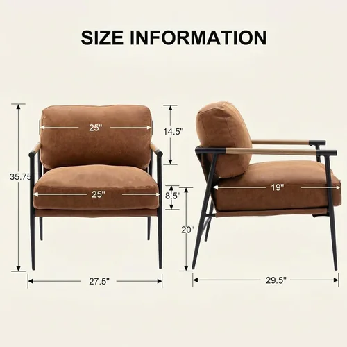 Miniatura 2 de DUOMAY Silla moderna de mediados de siglo, sillón de piel sintética marrón, silla de dormitorio con patas de metal para sala de estar, lectura