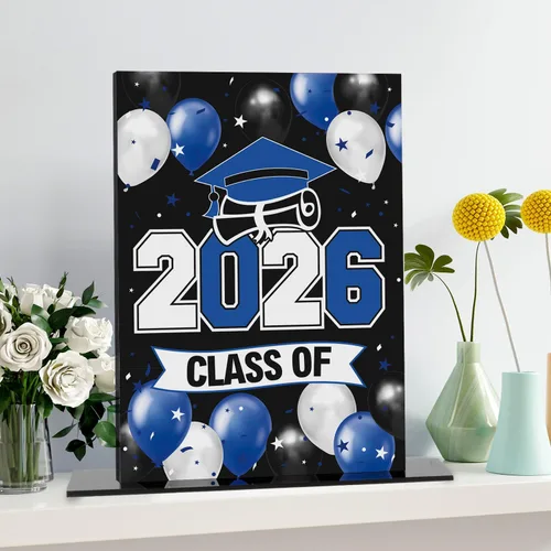 Miniatura 7 de LINGTEER Class of 2026 - Soporte de mesa acrílico con globos azules de graduación para póster, paquete de 2 decoraciones de fiesta de felicitaciones