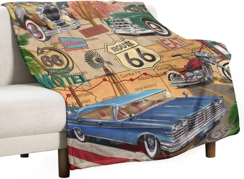Miniatura 47 de Manta de motocicleta antigua, rústica y clásica, con temática de auto clásico, ruta de EE. UU., 66, patrón impreso, manta de franela súper suave