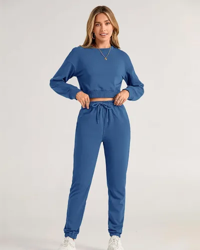 Miniatura 15 de BTFBM Conjunto deportivo de 2 piezas para mujer, camiseta corta de manga larga, sin botones, pantalón con cordón ajustable, pantalones deportivos