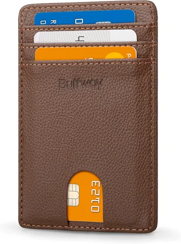 Miniatura 15 de Buffway Billetera delgada para hombre, minimalista con bolsillo frontal delgado, tarjetero de cuero con bloqueo RFID para viajes de trabajo