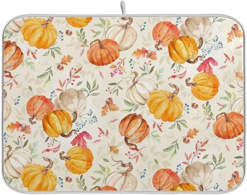 Miniatura 58 de Tapete de Secado de Platos de Florero de Girasoles Otoñales para Encimera de Cocina, Tapete de Secado de Hojas de Arce y Calabaza Otoñal de 16 x 18