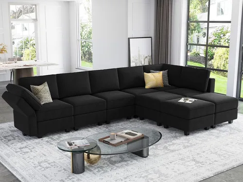 Miniatura 14 de Belffin Sofá modular en forma de U de gran tamaño con tumbonas dobles reversibles de terciopelo con almacenamiento, color negro