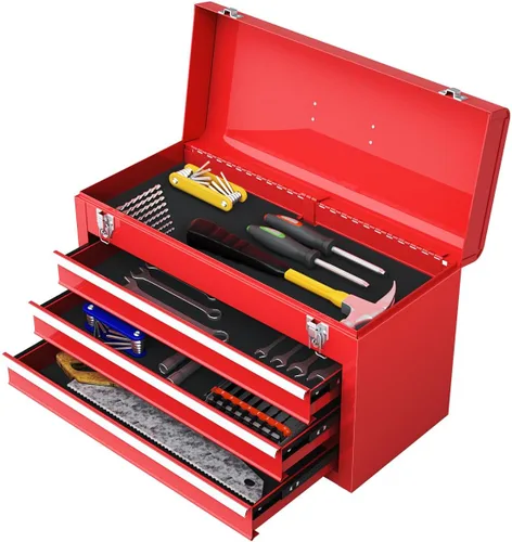 Caja de herramientas portátil, caja de herramientas de 3 cajones con asa de transporte, 2 pestillos y forro de metal, caja de herramientas de metal,