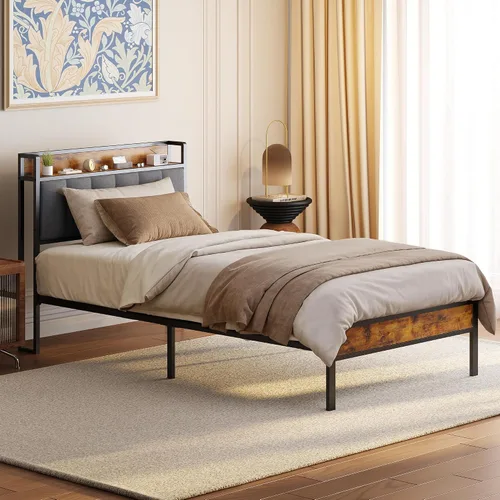Miniatura 3 de Gizoon Cama de plataforma de metal individual, marco de cama con cabecera de madera tapizada, sin ruido, no necesita somier, con almacenamiento