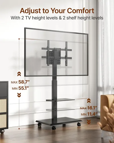 Miniatura 6 de Soporte de TV rodante con base de acero para televisores de 37 a 86 pulgadas hasta 50 kg, soporte móvil para TV con rotación, inclinación y giro