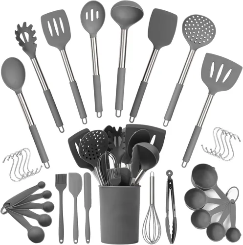 Juego de utensilios de cocina de silicona resistente al calor de 450°F - 34 piezas de color gris - Juego para utensilios de cocina antiadherentes -
