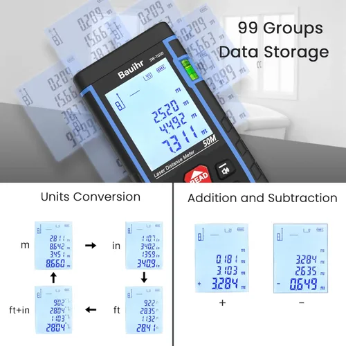Miniatura 6 de Bauihr - Medidor de distancia láser de 165 pies, herramienta de medición láser portátil con 2 niveles de burbuja, pantalla LCD retroiluminada