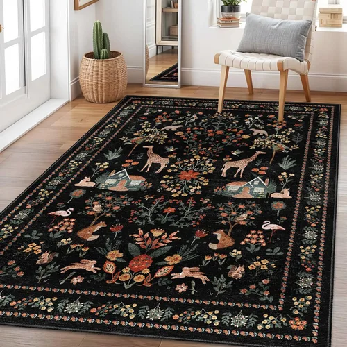 Miniatura 28 de Alfombra de área de 5 x 7 pies para sala de estar, alfombra verde boho antideslizante lavable, alfombra vintage de pelo bajo, alfombra grande