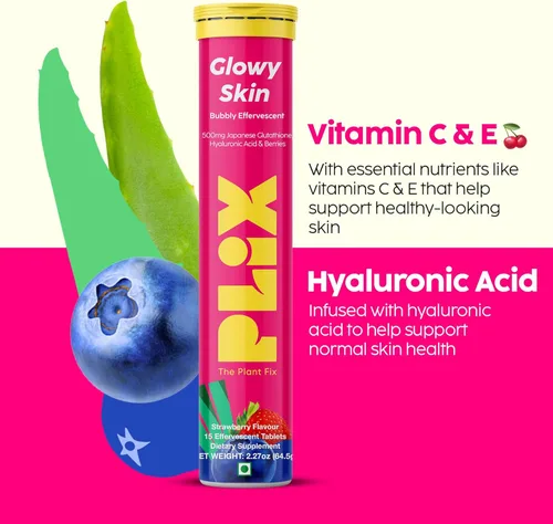Miniatura 6 de PLIX Glowy Skin Suplemento de glutatión de 500 mg con ácido hialurónico, vitamina C, E y bayas 15 tabletas efervescentes, sabor fresa