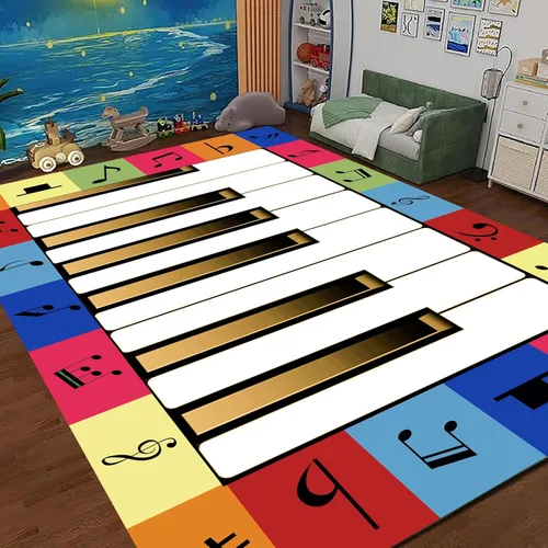 Alfombra infantil de 5 x 7 pies, alfombra de juegos para el aula, alfombra para niños con respaldo de goma, coloridos dibujos animados piano, notas