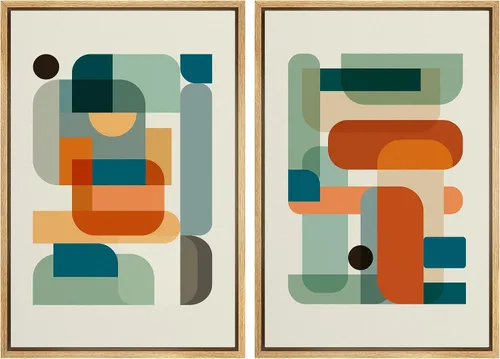 Miniatura 50 de IDEA4WALL Lienzo enmarcado para pared, juego de arte Bauhaus dorado de mediados de siglo, patrón de cuadrícula moderna, ilustraciones con formas