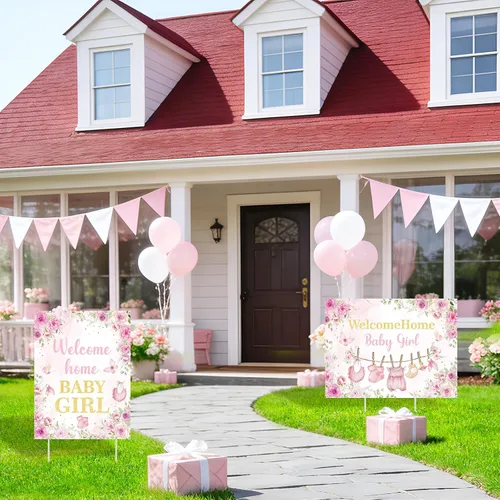 Miniatura 5 de 2 letreros decorativos de bienvenida a casa para bebé, niña, rosa, floral, para baby shower, patio, con estacas "It's a Girl", letrero para anuncio