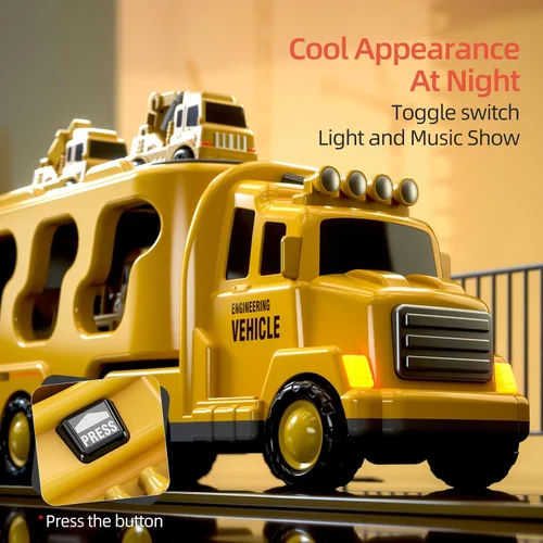 Miniatura 8 de Beby Buty Camiones de Construcción 5 en 1 para Niños de 3-5 años, Juguetes de Coches y Camiones para Niños Pequeños con Luz y Sonido, Incluye Grúa
