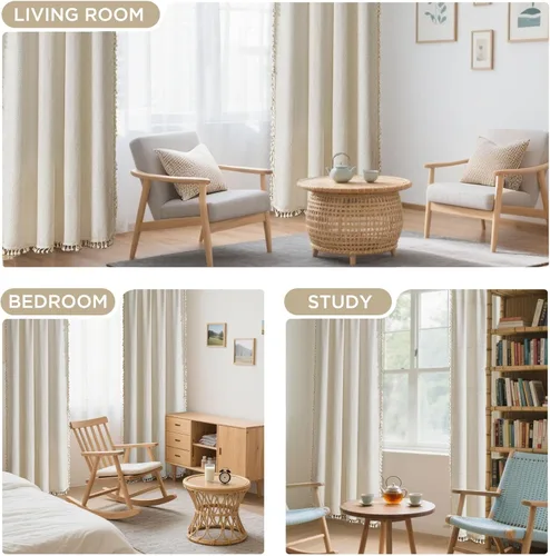 Miniatura 5 de Joydeco Cortinas Bohemias Beige de 63 Pulgadas de Largo 2 Paneles, Cortinas de Granja Bohemias Súper Suaves con Borlas, Cortinas Semitransparentes
