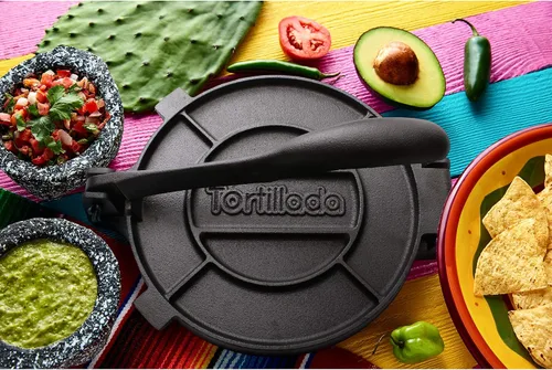 Miniatura 7 de Tortillada Prensa de tortilla de 10 pulgadas + papel pergamino (100 piezas) - Libro electrónico de hierro fundido pre-sazonado con recetas