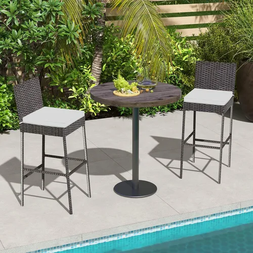 Miniatura 4 de Tangkula Juego de 2 taburetes de mimbre para patio, silla de bar para exteriores con cojín de asiento suave y reposapiés acogedor, marco de metal
