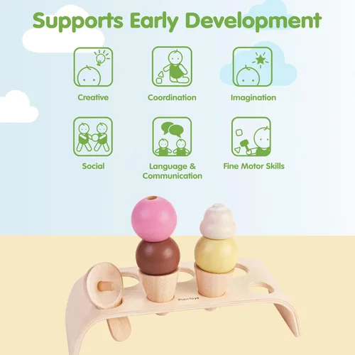 Miniatura 4 de PlanToys® Juego de helado de madera para niños Incluye soporte, cucharas y conos Comida de juego de simulación de postres para niños pequeños