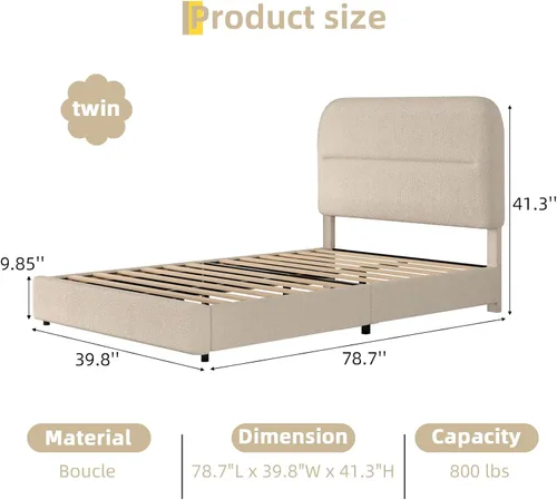 Miniatura 2 de HOMBCK Marco de Cama Boucle Tamaño Twin, Marco de Cama Tapizado con Cabecero, Marcos de Cama Twin para Niños, Pie de Cama Engrosado/Esquinas